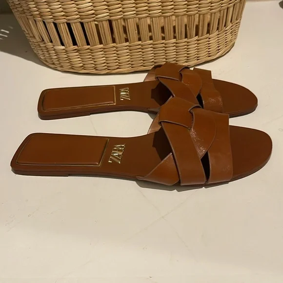 Zara Camel Cognac leather Slides - Picture 2 of 3